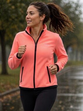DKNY highlighter pink/orange fleece zip up jacket, women’s size large. Worn once